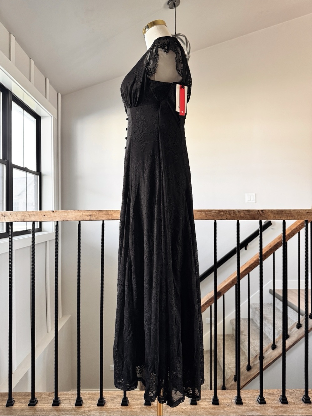 Sz L Popilush Black Shapewear Boho Floral Lace Front Slit Maxi Dress NWT - Picture 3 of 12